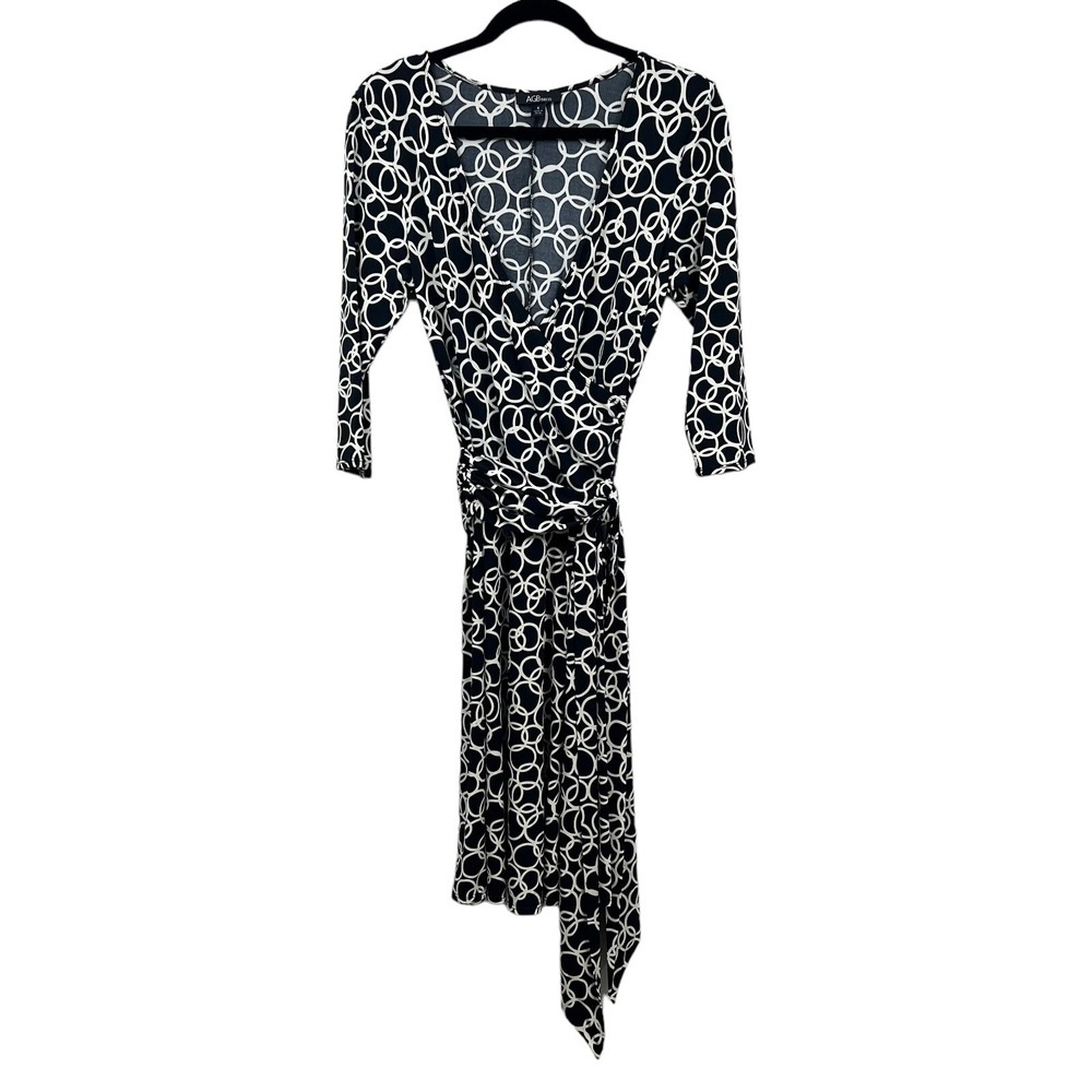 AGB Midi Dress Plunge VNeck Belted Faux Wrap Stretch Black Geo Print Women Sz 6*